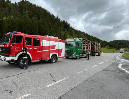 Hilfeleistung für liegengebliebenen Holztransporter auf der B25
